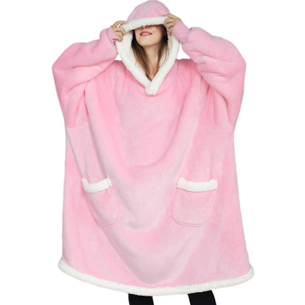 Bærbar fleece-hettegenser – Sherpa fleece-hettegenser, rosa pink