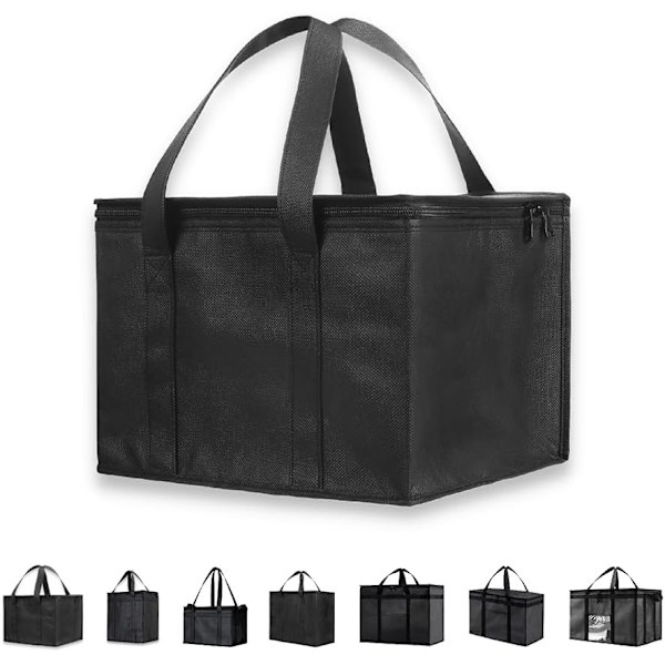 Gjenbrukbar isolert kjølebag (liten, 2-pakning 29*23*23cm) for matlevering og dagligvarehandel med glidelås, svart