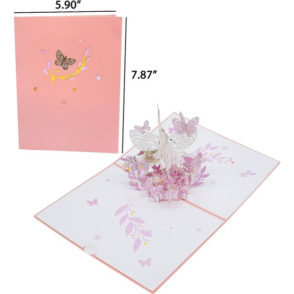 Butterfly Pop Up Card, Handgjorda Pink Butterfly 3D gratulationskort, födelsedag, mors dag, alla tillfällen