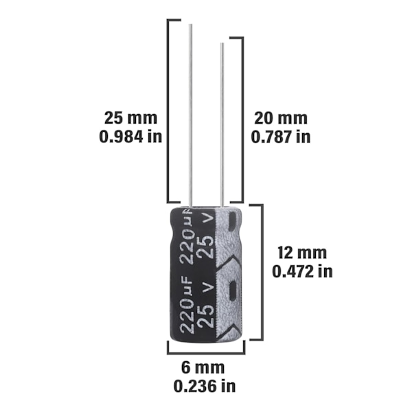 Kondensaattori 220uF 25V Alumiinielektrolyyttikondensaattori 6x12MM Elektrolyyttikondensaattori 220 uF MFD 105°C (15 kpl)