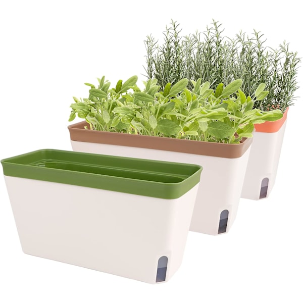 Selvvandende Plantepotter, Sæt med 3 10,5\" Rektangulære Vindueskarm Urtepotter, Moderne Plastik Blomsterpotter til Udendørs Have