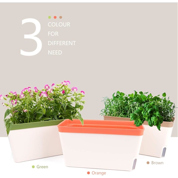Selvvandende Plantepotter, Sæt med 3 10,5\" Rektangulære Vindueskarm Urtepotter, Moderne Plastik Blomsterpotter til Udendørs Have