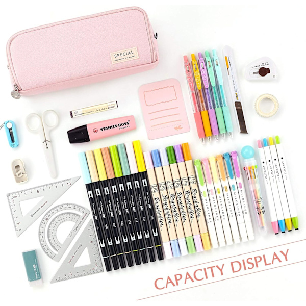 Etui med stor kapacitet, 3 rum, pennepose til skoleteenagere Pink 8.46*2.76*3.54in