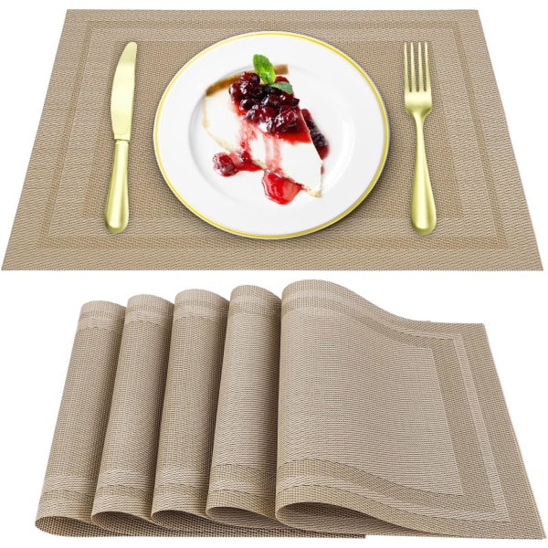 Bordsunderlägg för matbord Set om 5, Värmebeständiga Bordsunderlägg, Tvättbara PVC-bordsunderlägg, Resistenta köksbordsunderlägg (Brun)