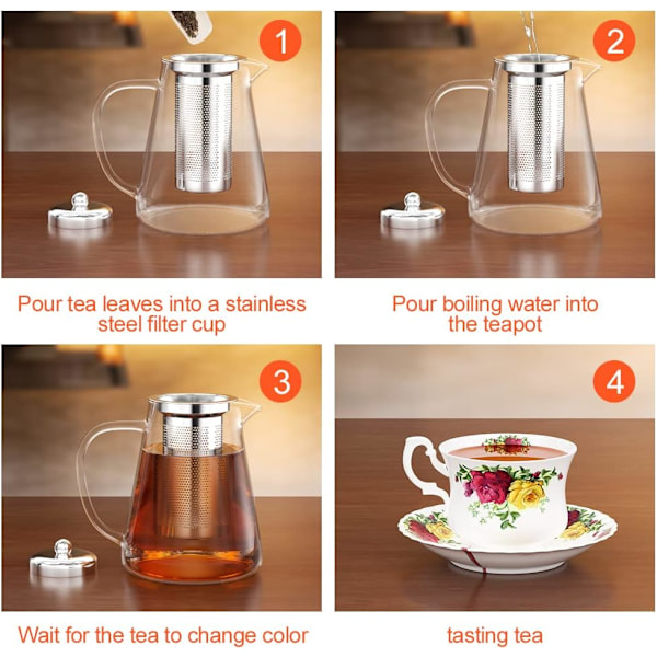 Glas Tekande, 1300ml, Tekande med Si, Borosilikatglas, Teservice, Glas Tekande, Infuser til Løse Blade Te plata