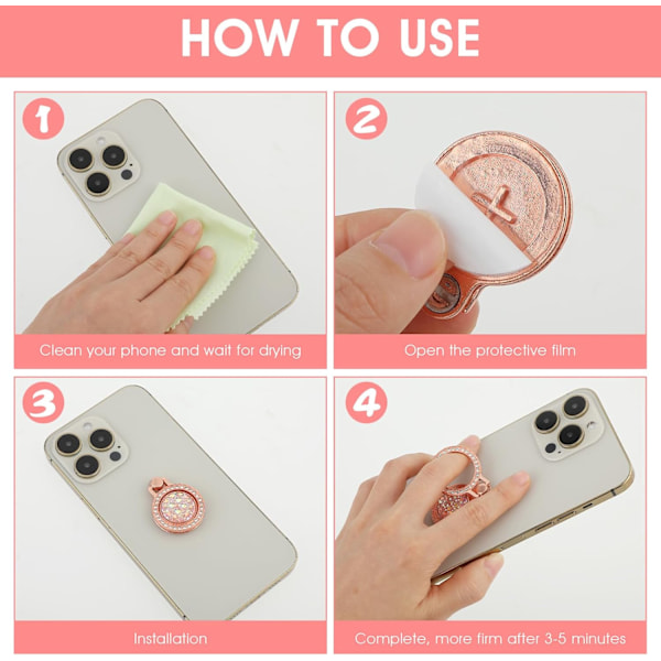 4-pack Mobiltelefon Ringhållare Stativ Rund Metall Strass Fingergrepp Loop 360 Grader Rotation Generisk Telefon Kickstand