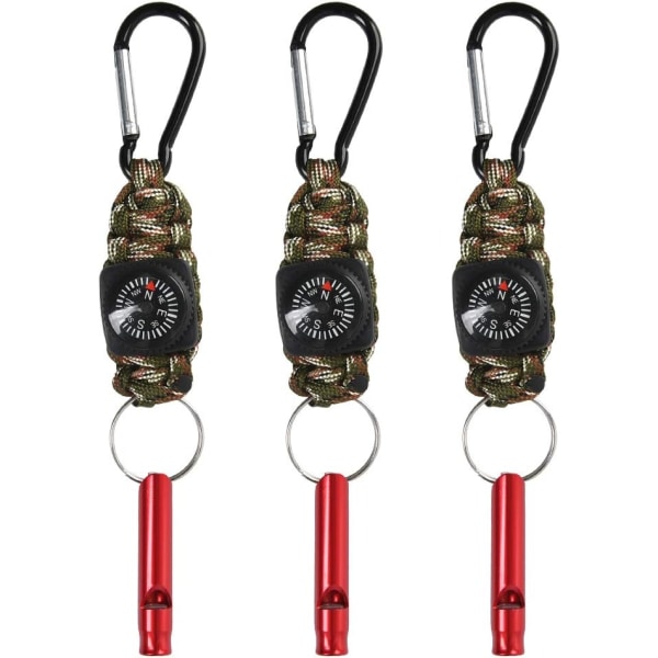 3st 4 i 1 Paracord nyckelring, Paracord nyckelring för navigation Kompass Survival Whistle, multifunktionell karbinhake för campingvandring