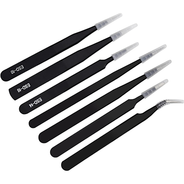 7-pack antistatiska pincetter precisionspincetter ESD-pincetter i rostfritt stål precisionselektronik smycken (svart)