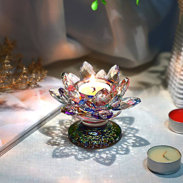 4,5\" Färgglad Kristall Lotus Blomma Tealight Ljusstake - Regnbågsfärgad Glas Ljusstake Ljusstake