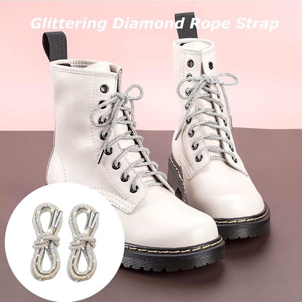 Pakke med 2 rhinsten glitter reb runde skolisser, glitrende diamant reb stropper, bling bling skinnende runde skolisser 120cm