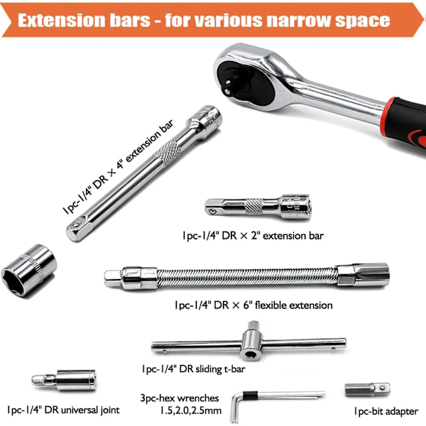 46-delt krom-vanadin stikkontaktsett 1/4\" adaptersett stikkontaktsett for bil DIY