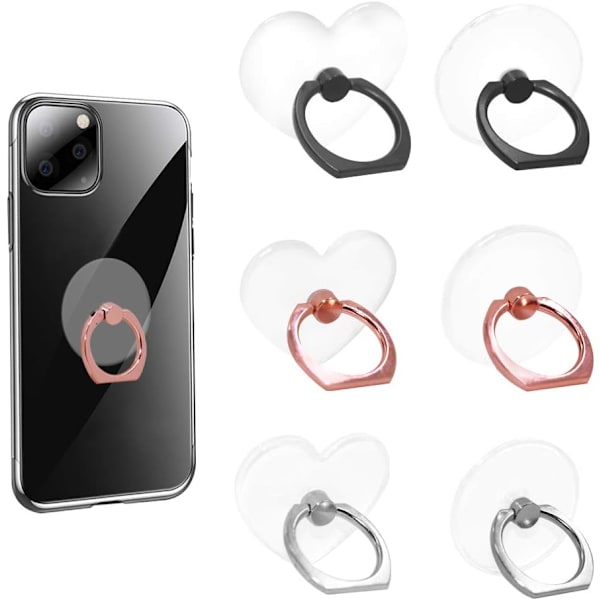6 stk. gennemsigtig mobiltelefon ringholder, rund og hjerteform 360 graders rotation universel ringgrebsholder