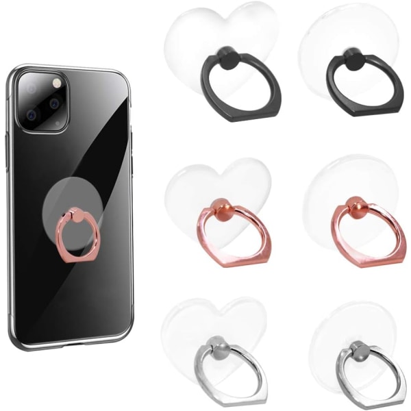 6st genomskinlig mobiltelefon ringhållare, rund och hjärtform 360 graders rotation Universal ringgreppshållare