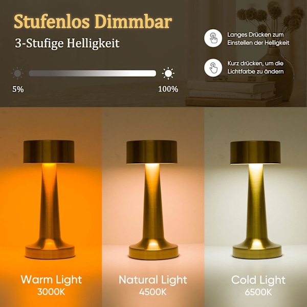 Pakke med dimbar skrivebordslampe, oppladbar LED-lampe gold