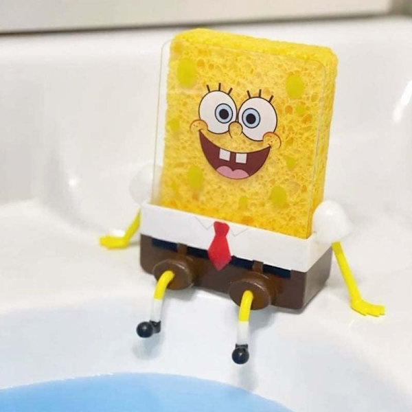 Tegneserie Svamp Holder med Svamp, Køkken Rengøring Svamp Spongebob Holder, Vask Hylde Svamp Afløb Stativ