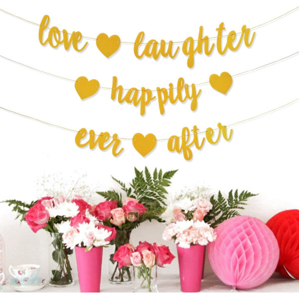 3 Pak Guld Glitter Kærlighed Latter og Lykke Forever Banderoler - Forlovelsesfest Dekorationer