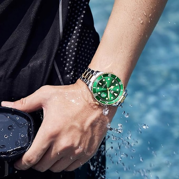 OLEVS Herreklokker Svart Green Dial/Gold Silver Band
