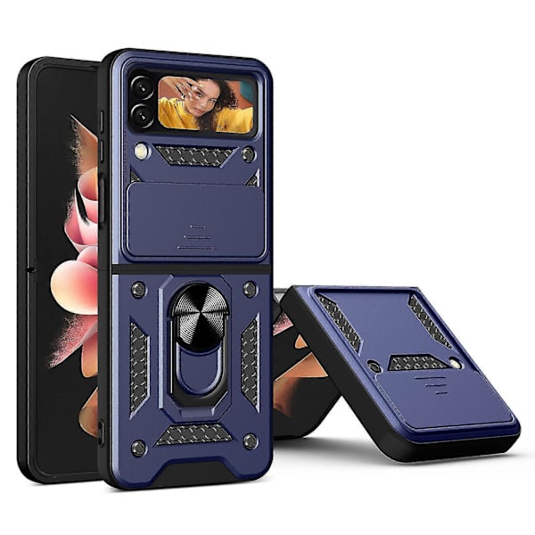 Kestävä panssarikuori, yhteensopiva Galaxy Z Flip 4:n kanssa, kova PC-iskunkestävä suojus rengaspidikkeellä