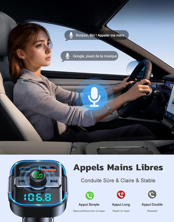 Bluetooth Bil [Kraftfulde Dobbelte Mikrofoner], Bluetooth 5.3 FM-sender & 36W PD+18W QC3.0 Hurtig Biloplader