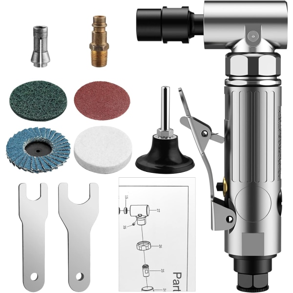 Pneumatisk vinkelsliper 1/4\" 90psi (6,35 bar) 20 000 o/min med 4 forskjellige skiver 2 dorner 3mm/6mm for polering og sliping av bilkarosseripolering