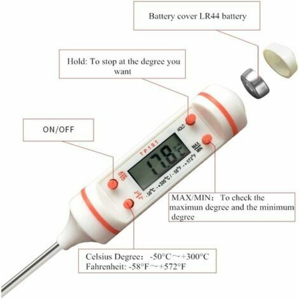 1 stk kjøkkentermometer Universal husholdningstermometer Kjøkkentermometer Kjøtttermometer, Lesbar 50°C-300°C, °C/°F byttbar