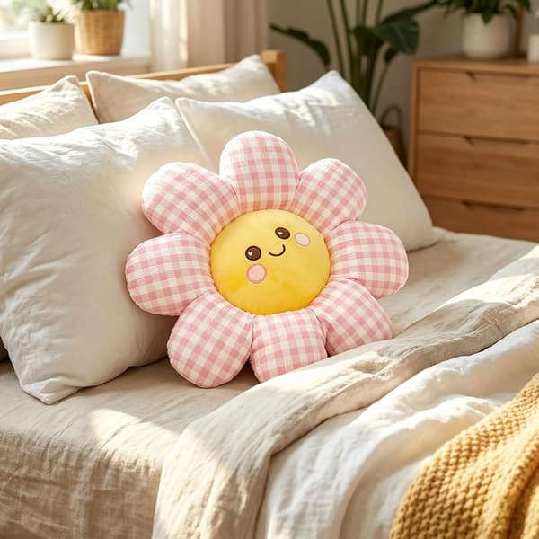 Smile Face Daisy Prydnadskudde, 2-pack, Rosa Rutig Dekorativ Kudde Pink