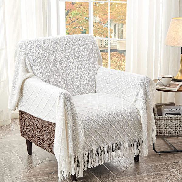 Strikkede tæpper til sofa og seng, blødt og hyggeligt strikket tæppe med kvast, offwhite lette dekorative tæpper og plaider, 130 * 230CM