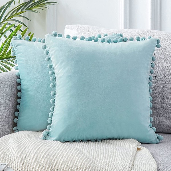 Dekorative putetrekk 18 x 18 tommer Myke partikler Fløyel Solid putetrekk med pomponger 45 x 45 cm, Pakke med 2 Aqua Blue
