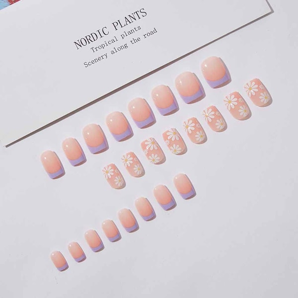 Franska Tip Press on Nails Medium, Lila Falska Naglar Kvadratiska Akryl Falska Naglar Blomdesign, Konstgjorda Naglar för Kvinnor och Flickor, 24 st