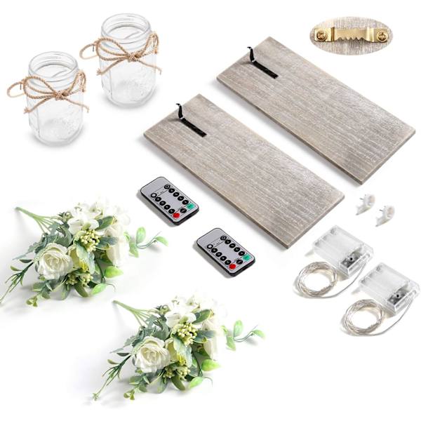 2 st väggdekorationslampetter - Heminredning väggkonst hängande design med fjärrkontroll LED-lampor och vit ros White Rose+grey Board 13”x5.2”x0.6”