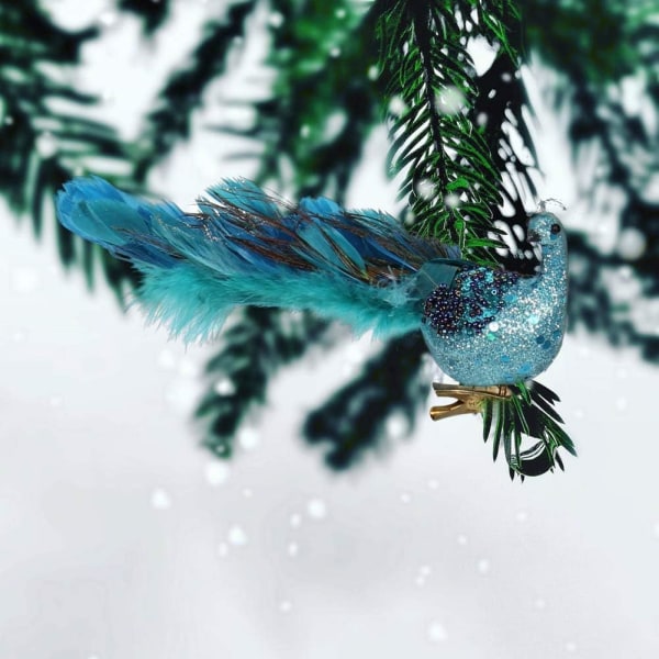 12" blå turkos påfågel med klämma, stängd svansfjäderfågel med glitter, juldekoration