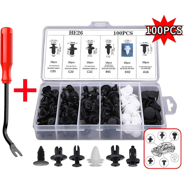100 stk. nitteclips i plast - Universal nitteclips i plast - Clips til bilens kofanger - Fasteners til nitteclips - Udskiftningssæt til nitteclips