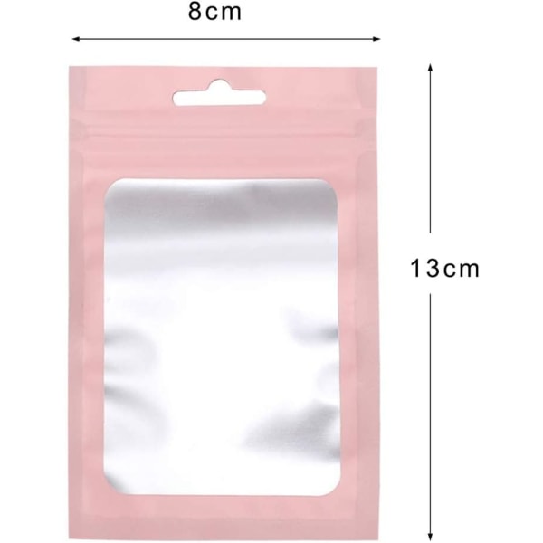 Foliepåse påse med 100-pack, rosa återförslutningsbar Mylar Zip Lock foliepåsar med genomskinligt fönster, 8 x 13 cm