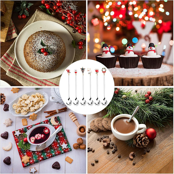 Julkaffeskedar, 6 st Juldessert- och Teskedar med Julhängsmycken Julgran Elkhatt Klockor för Dessert Te Soppa Present (Silver)