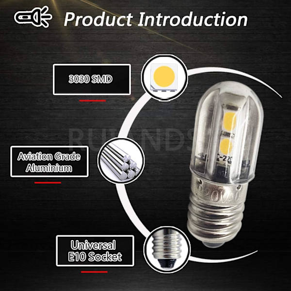 E10 LED-pære 220V 230V AC energibesparende LED-indikatorlys 8mm skruebase 3030 4SMD LED-chipsets opgraderet pære, varm hvid (4 stk.)