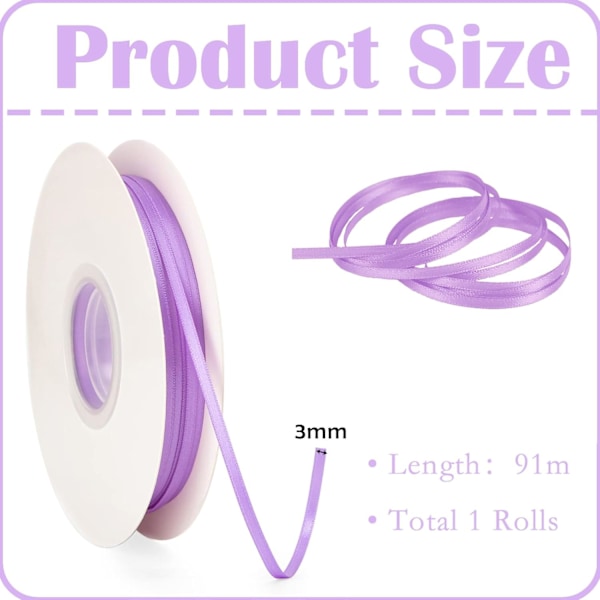 3 mm satiininauha, paksu, 91 m satiininauha kakunauha kangasnauha rulla käsitöihin, lahjojen pakkaamiseen Light purple