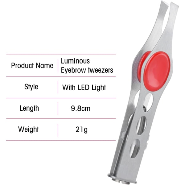Pinzett med LED-ljus, rostfritt stål ögonbrynspincett, lysande pincett, 2 st