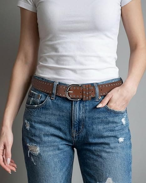 Nitbälte i läder för kvinnor, Punk Goth Grunge Bälte, Emo Bälte för Jeans Byxor Klänningar, 107cm, Brun Brown