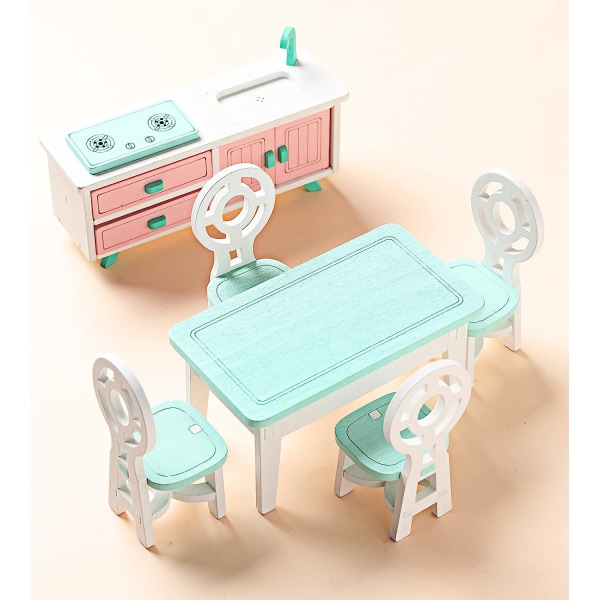 Trädockhusmöbler för miniatyrdockhustillbehör, matsalstillbehör inklusive bordsstolar, matlagningsskåp - 1/12 skala