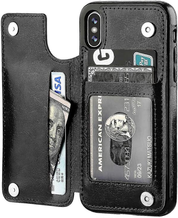 Iphone Xs Iphone X Wallet Case Med Kortholder, Dobbelt Magnetisk Lås - Sort
