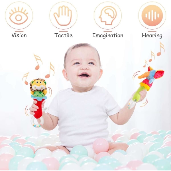 Baby Soft Rattle Sensory Toys - 4 Pack Newborn Plush Rattle Animal Grip Set with Teeth Rings Early Learning Toys for Toddlers 0 - 12 Months