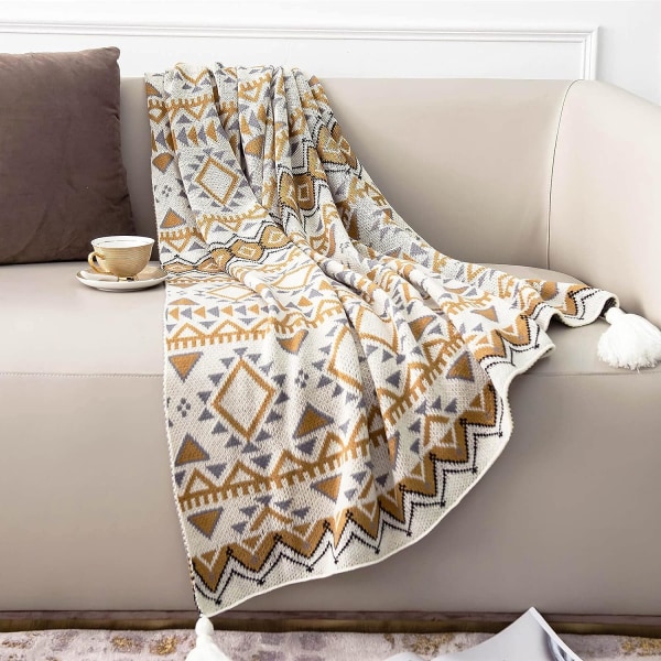 Brun kast tæppe, strikket kvast vintage tan kast tæppe, blødt let Boho kast tæppe til sofa seng og stue (130*170cm)
