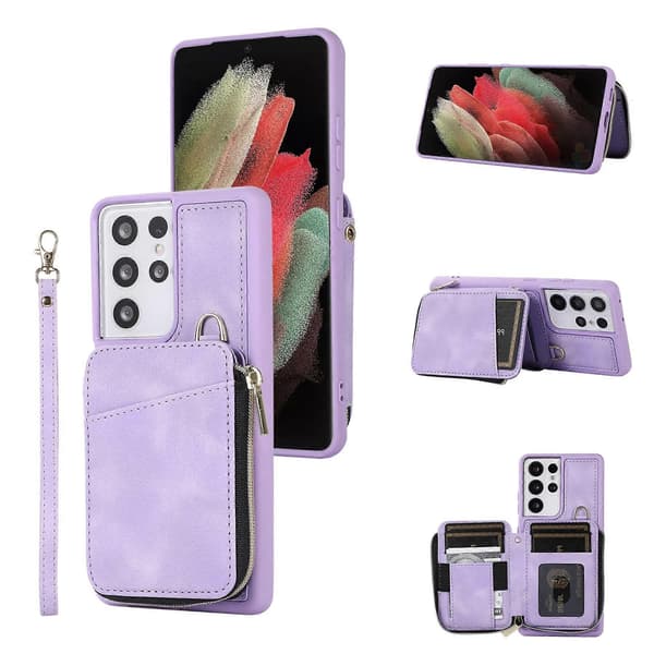 Etui til Samsung Galaxy S23 Ultra, Lynlås Læder Etui, Lilla