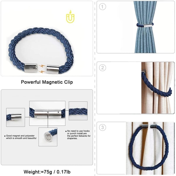 Magnetiska gardinbindare, 2-pack modern enkelhet gardinrep med stark magnet, flätad repgardinhållare dekoration (blå)