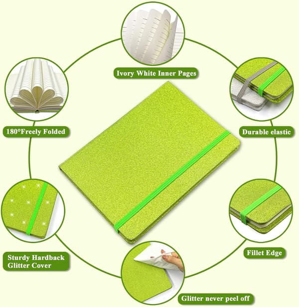 Grøn notesbog A5, Glitter Hardback Notesbog til piger 160 sider foret notesblok Green