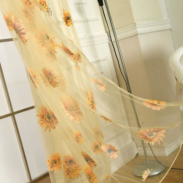 Solros halvtransparenta gardiner med öljetter, voile gardin transparenta Flora blommor 95x200cm