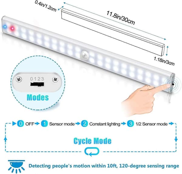 40 LED Skaplys, Bevegelsessensor, USB Oppladbar, 4 Moduser, 30cm (hvitt lys)