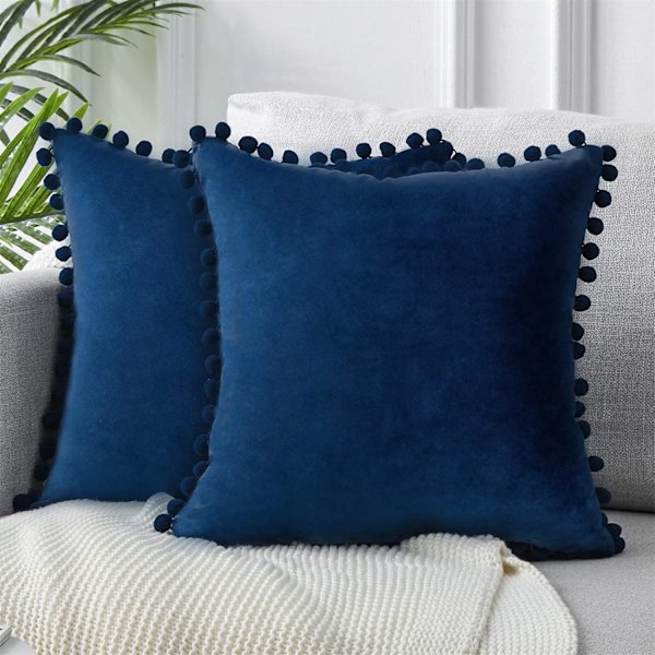 Dekorative putetrekk 18 x 18 tommer Myke partikler Fløyel Solid putetrekk med pomponger 45 x 45 cm, Pakke med 2 Navy