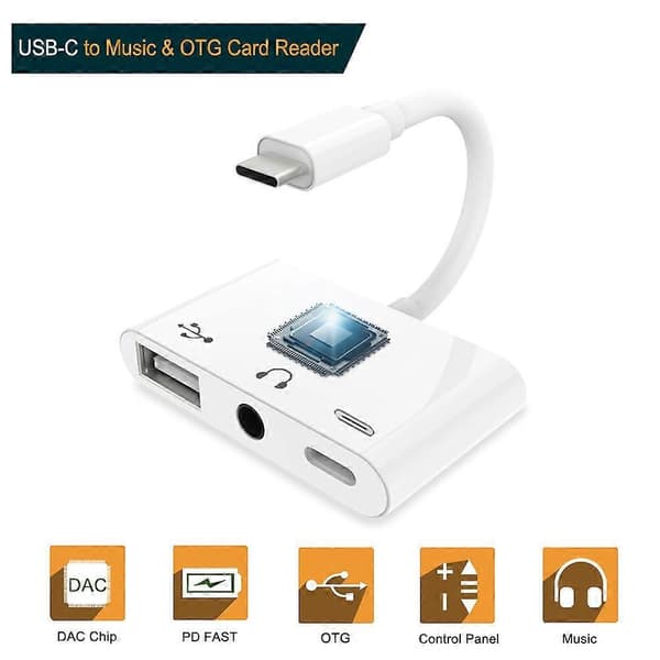 Type C til 3,5 mm hodetelefonkontakt OTG-adapter USB-C til musikklyd OTG-kortleser - Hvit