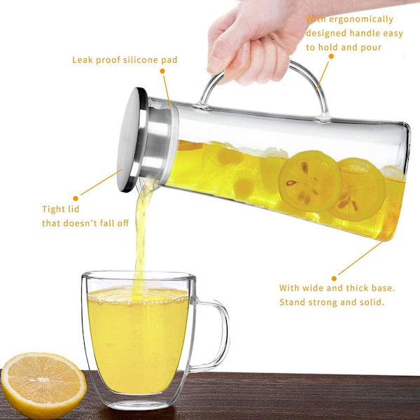 Glaskande, Borosilikatglas og Rustfrit Stål Låg og Kande, Vandkande, Varmebestandig 1500ml